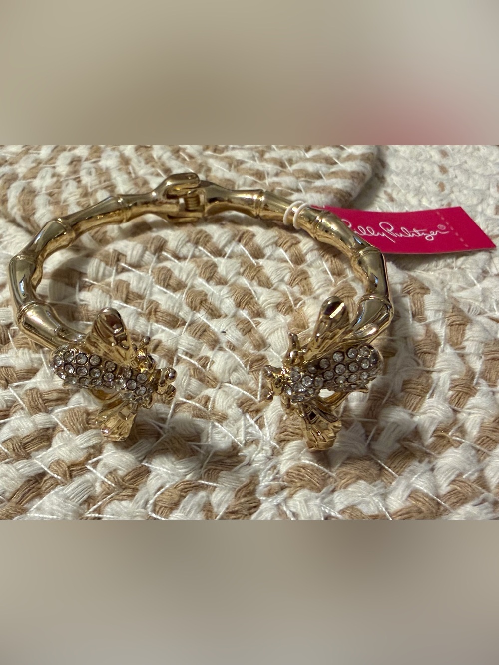NWT Lilly Pulitzer Gold Tone Rhinestone Bumblebee Hinged Bamboo Cuff Bracelet